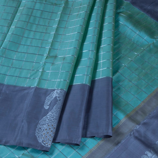 Shot Colour Silver Checked handloom Silk Saree With Mango Border