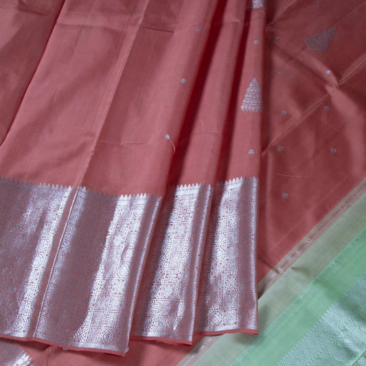 Dark Peach Handloom Silk Saree With Silver Buttas And Zari Border