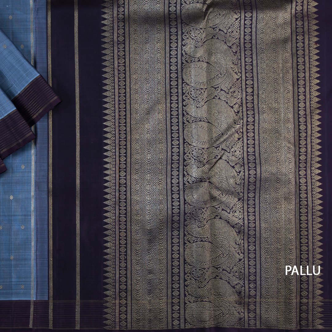 Greyish Blue Handloom Silk Saree With Striped Border