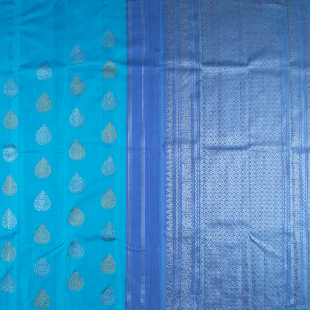 Sky Blue Borderless Silk Saree With Silver And Gold Buttas