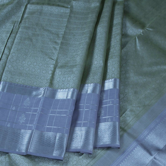 Green Handloom Silk Saree With Silver Checked And Grey Border