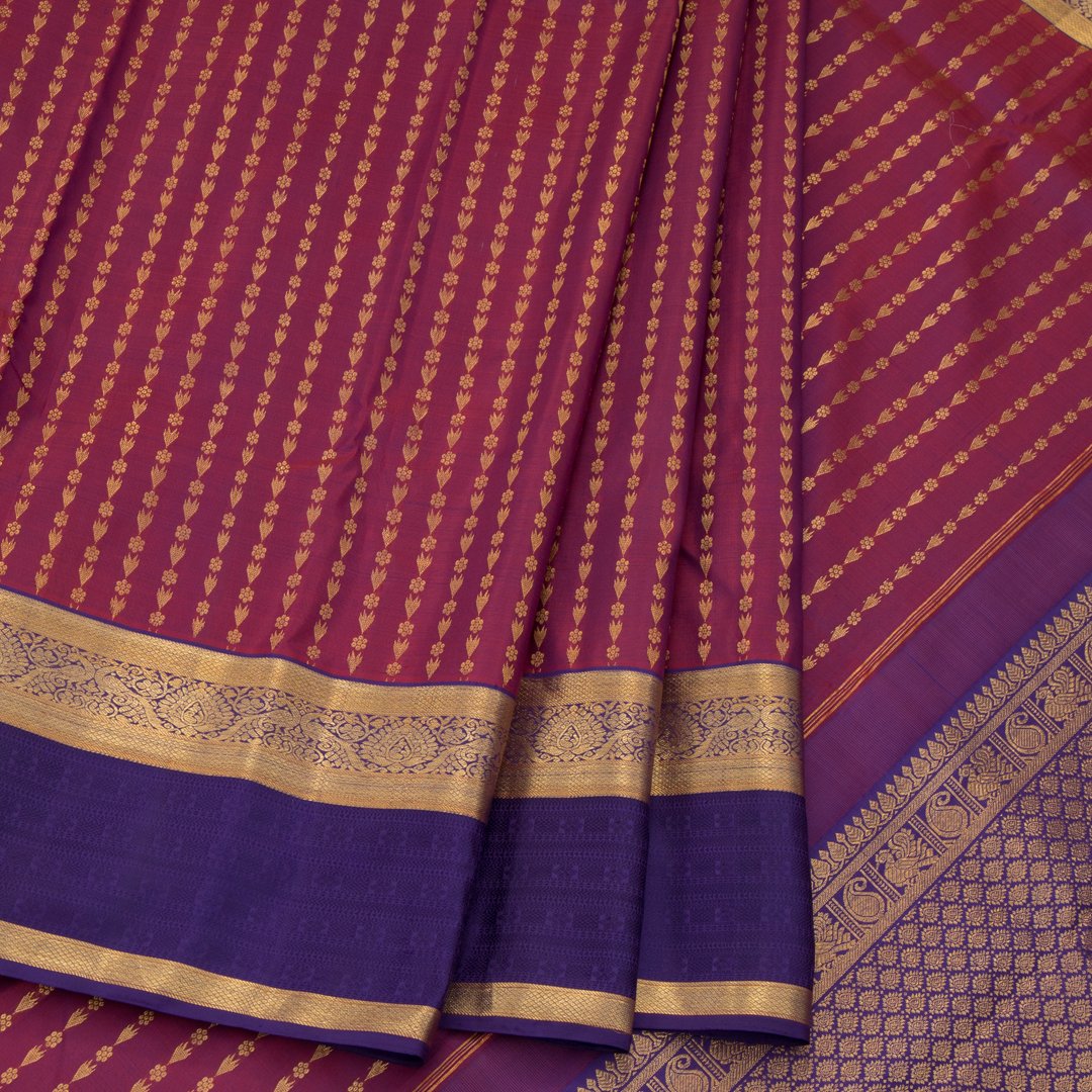 Brick Red Colour Silk Saree with Small Buttas And Purple Border