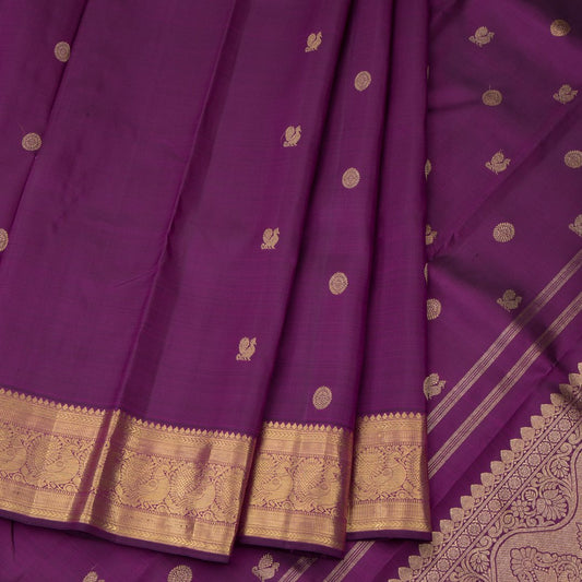 Purple Silk Saree With Peacock And Chakra Buttas And Gold Zari Border