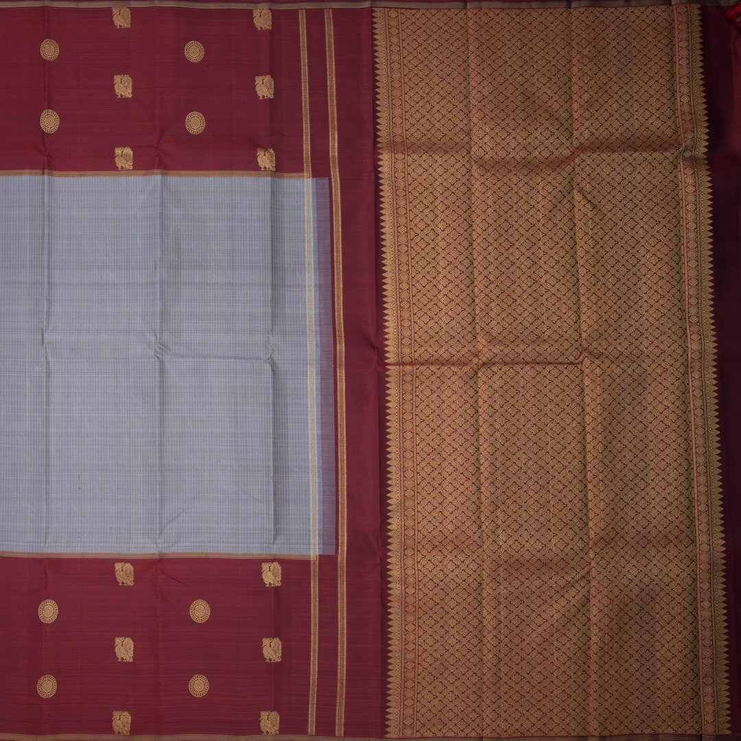 Grey Silk Saree With Vertically Striped  And Maroon Border