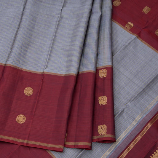 Grey Silk Saree With Vertically Striped  And Maroon Border