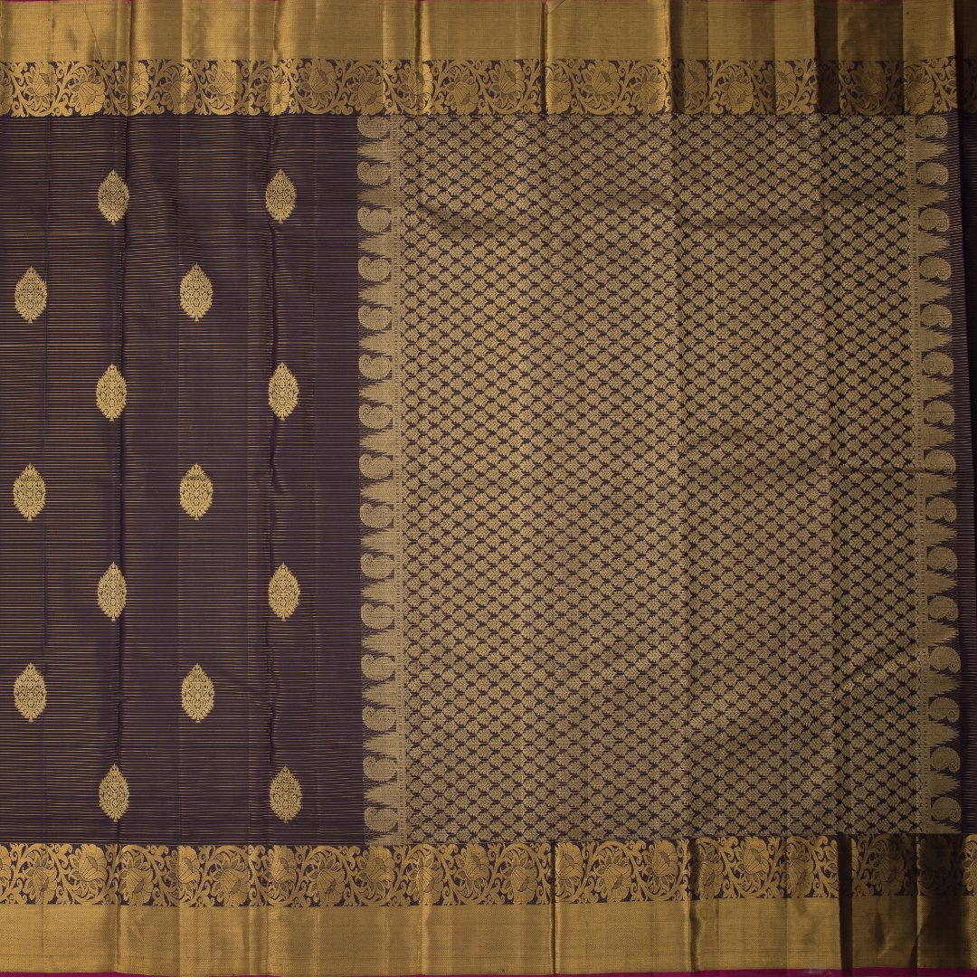 Dark Brown Silk Saree With Striped Design And Zari Border