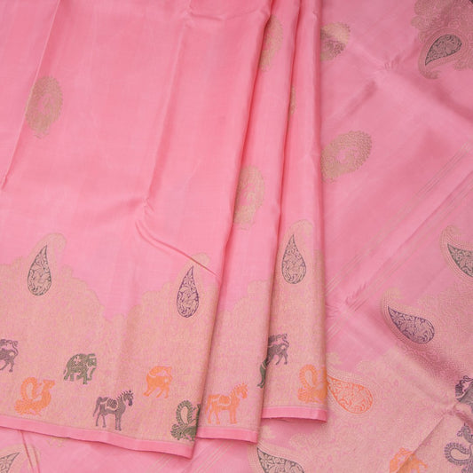 Rose Pink Silk Saree With Animal Motif On The Pallu And Border