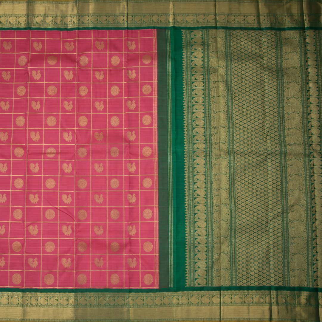 Rose Pink Checked Silk Saree With Green Border