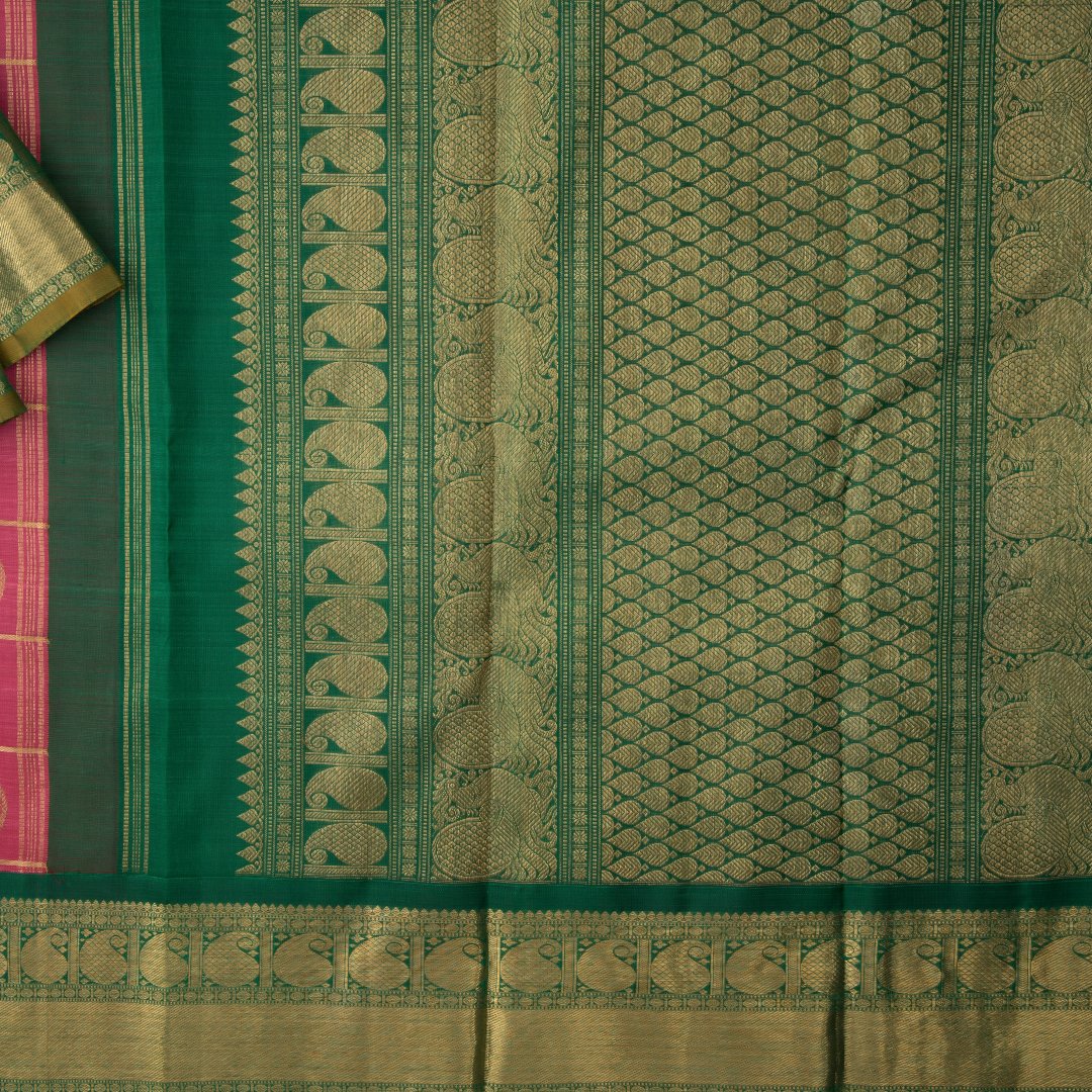 Rose Pink Checked Silk Saree With Green Border