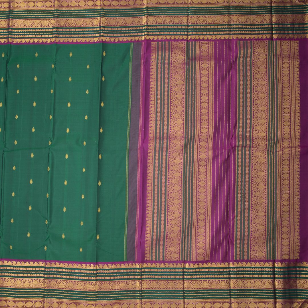 Green Silk Saree With Small Buttas And Multi Designed Border
