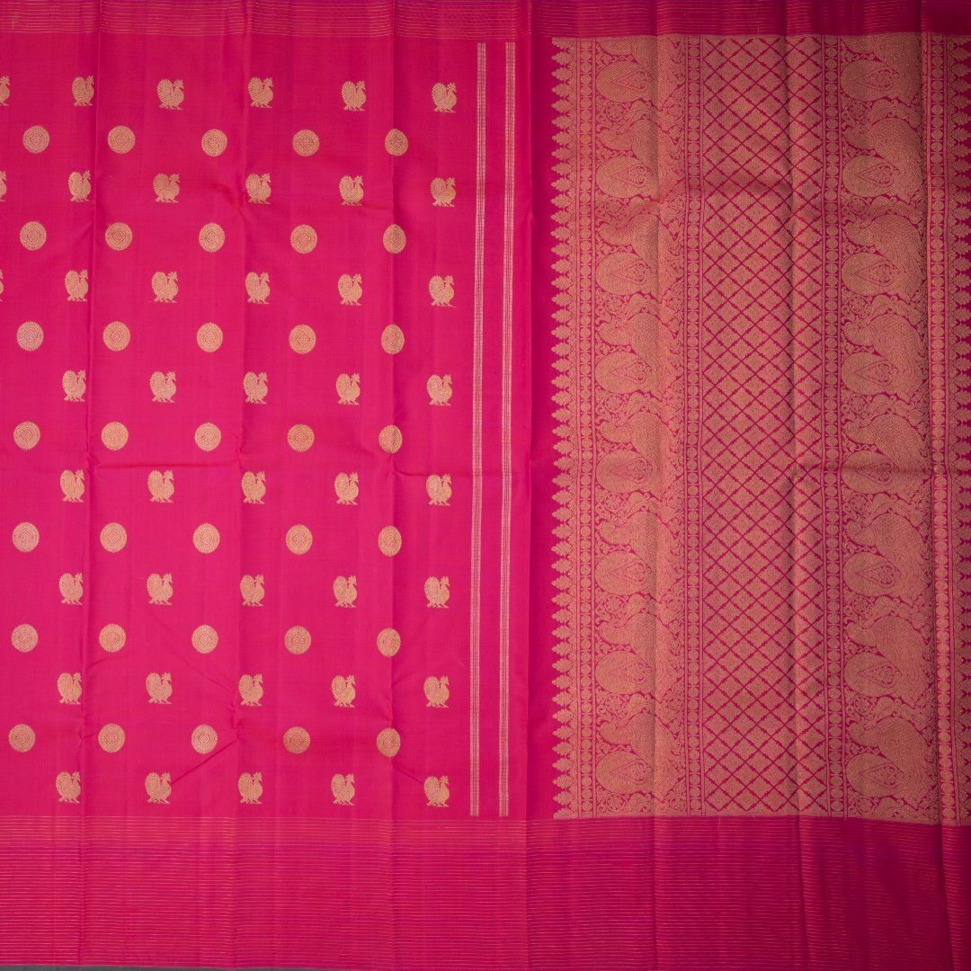 Shot Colour Silk Saree With Chakra And Peacock Buttas And Striped Border