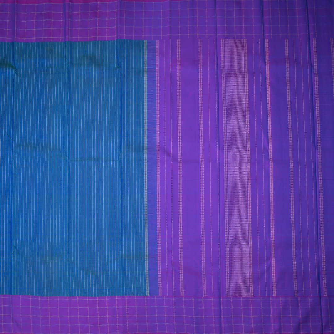 Peacock Blue Silk Saree With Striped Design And Checked Border