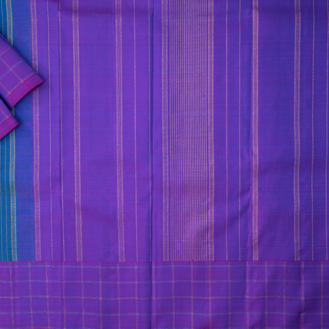 Peacock Blue Silk Saree With Striped Design And Checked Border