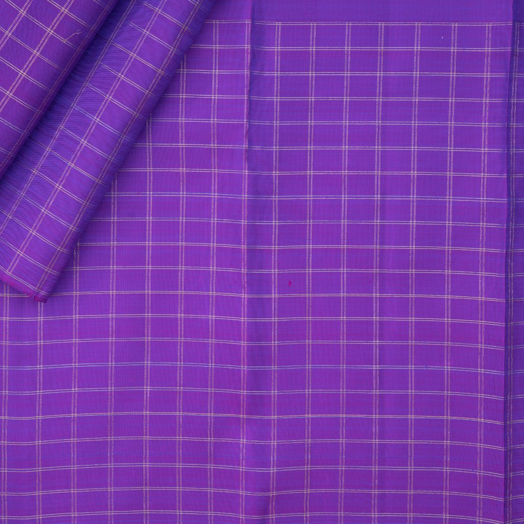 Purple Silk Saree With Chakra And Peacock Buttas And Checked Border