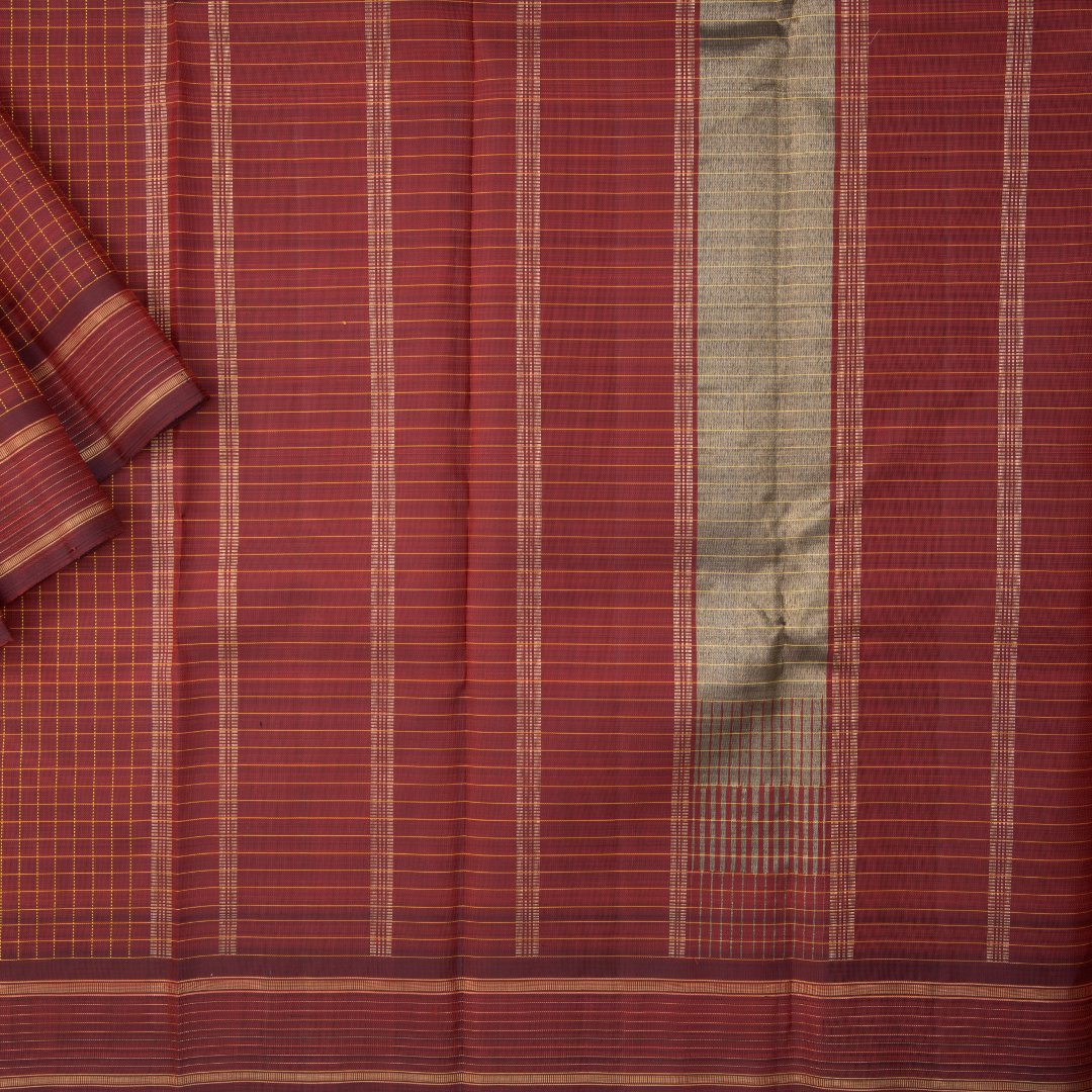 Brown Micro Checked Silk Saree With Striped Border