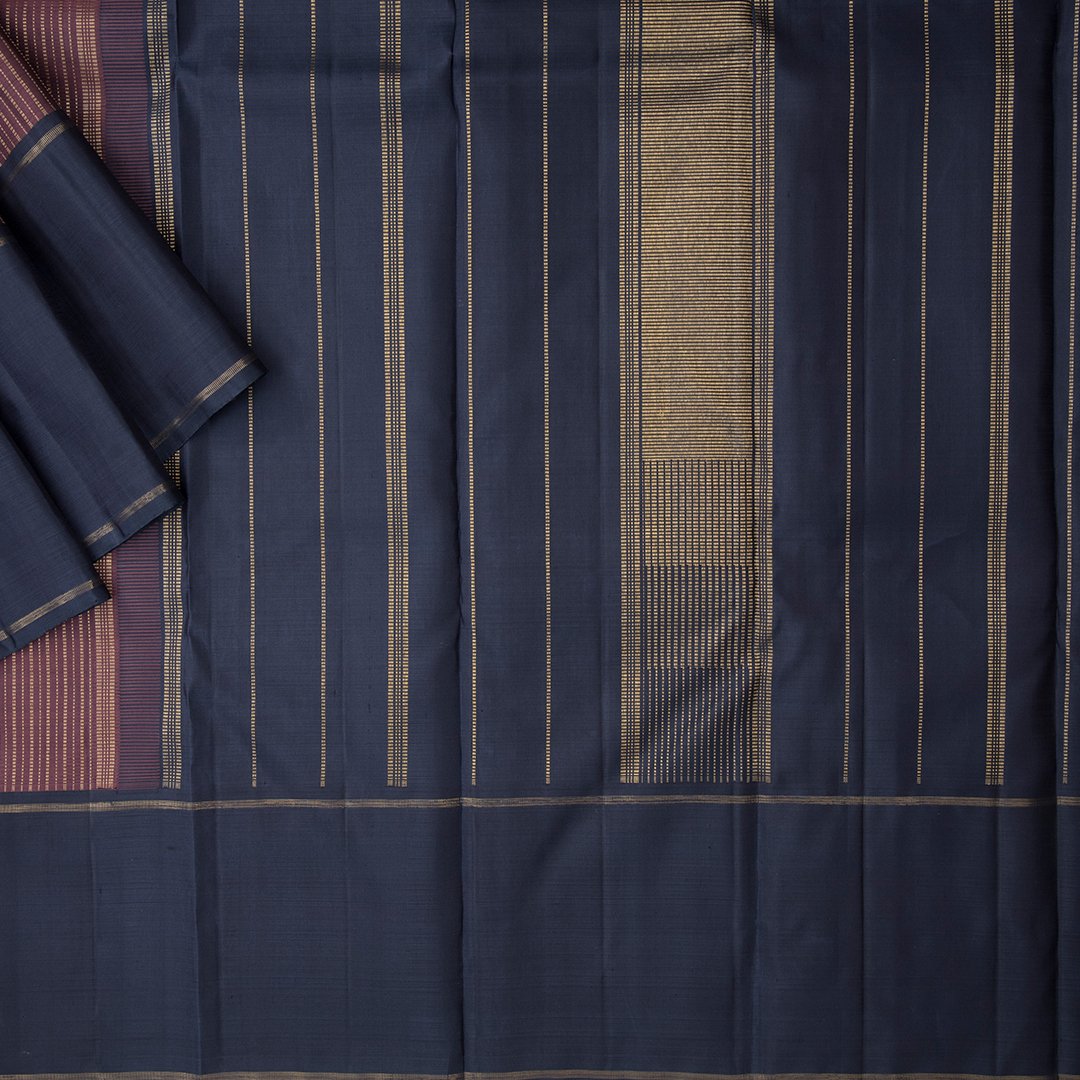 Brown Silk Saree With Vertically Stripes And Navy Blue Border