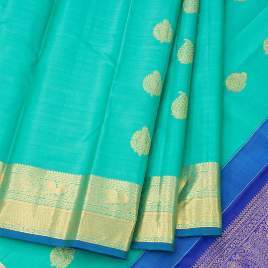 Turquoise Silk Saree With Contrast Pallu And Zari Border