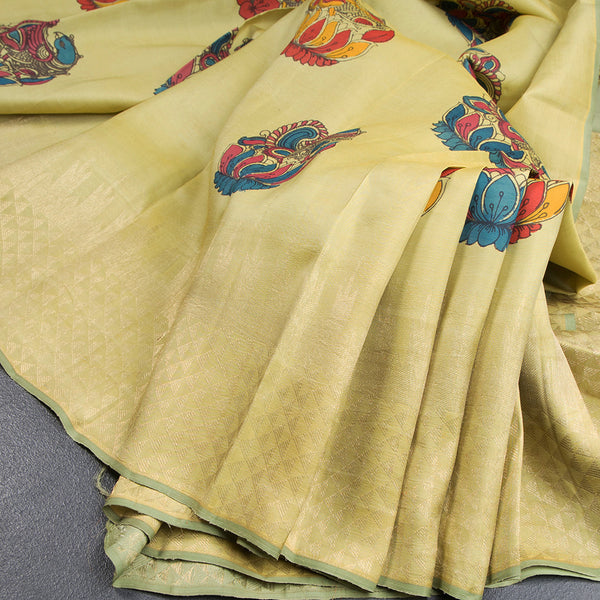 Kalamkari Pista Green Hand Painted Silk Saree In Peacock Design And Temple Zari Border