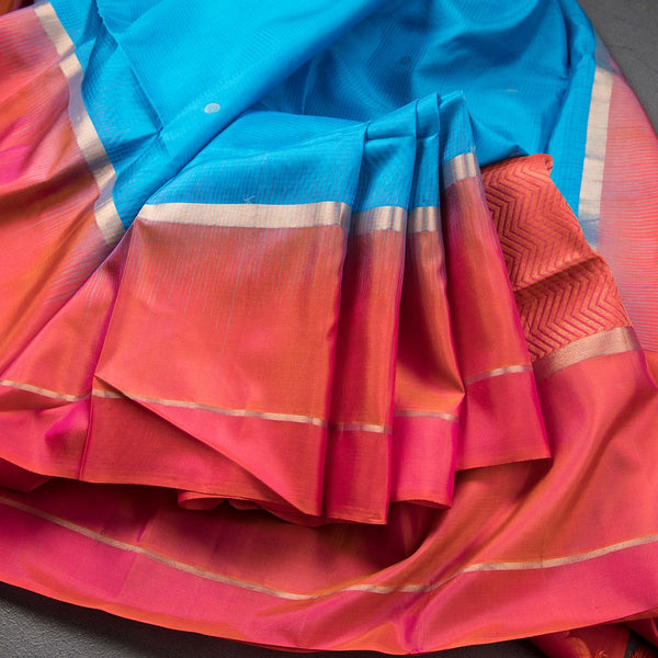 Blue Soft Silk Saree With Coin Zari Buttis And Copper Zari Worked Pink Zig Zag Pallu