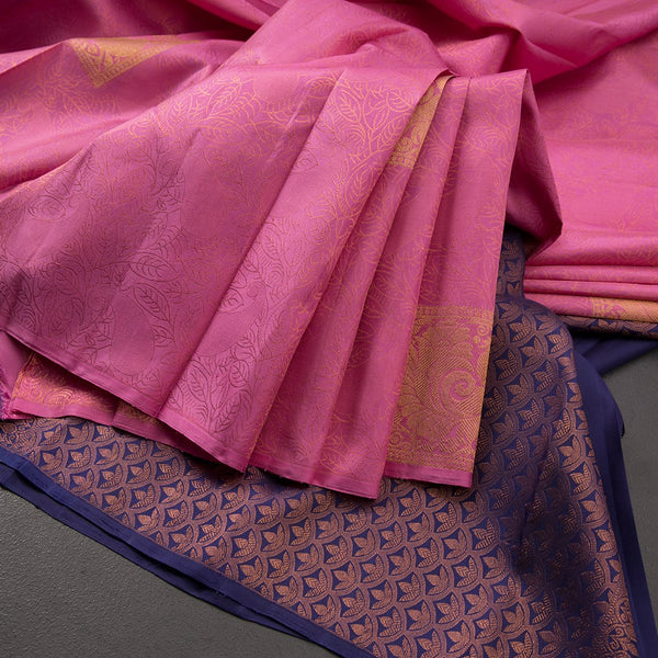 Borderless Light Rose Pink Self Designed Kanchipuram Silk Saree With Peacock Design On The Border