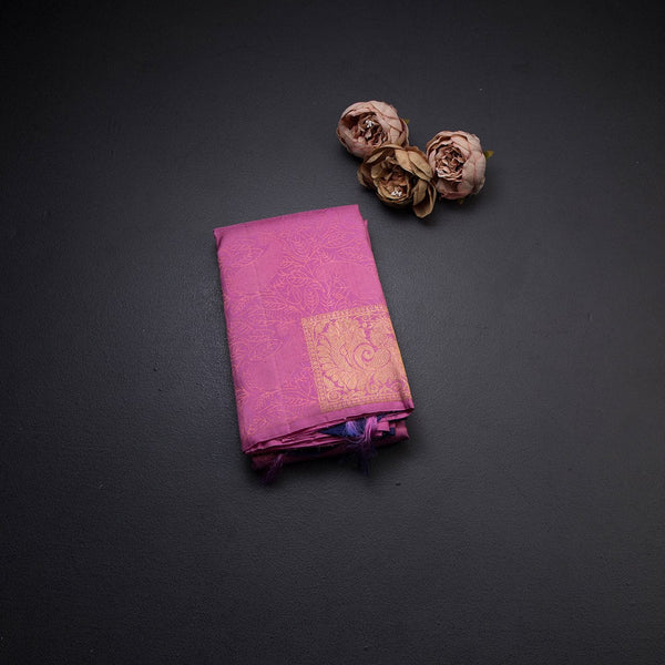 Borderless Light Rose Pink Self Designed Kanchipuram Silk Saree With Peacock Design On The Border