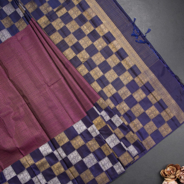 Micro Checked Purple Kanchipuram Silk Saree With Square Peacock And Chakra Design On Border