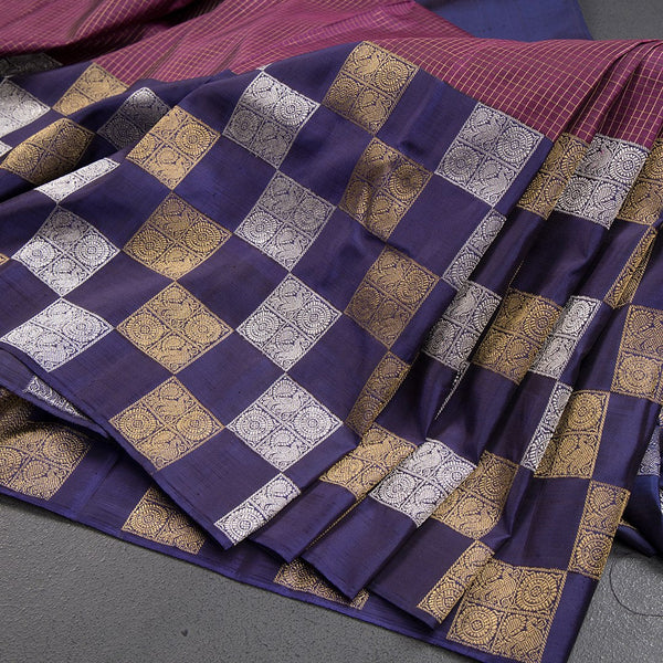 Micro Checked Purple Kanchipuram Silk Saree With Square Peacock And Chakra Design On Border