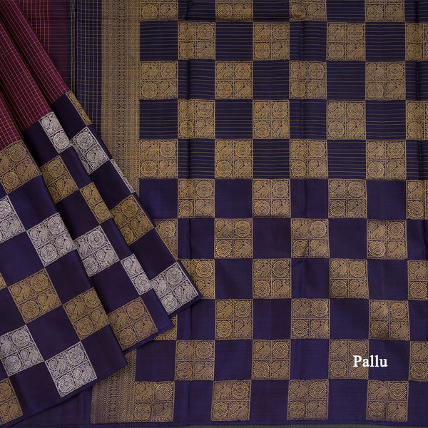 Micro Checked Purple Kanchipuram Silk Saree With Square Peacock And Chakra Design On Border