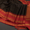 Coffee Brown Horizontally Striped Kanchipuram Silk Saree With Redcontrast Temple Border