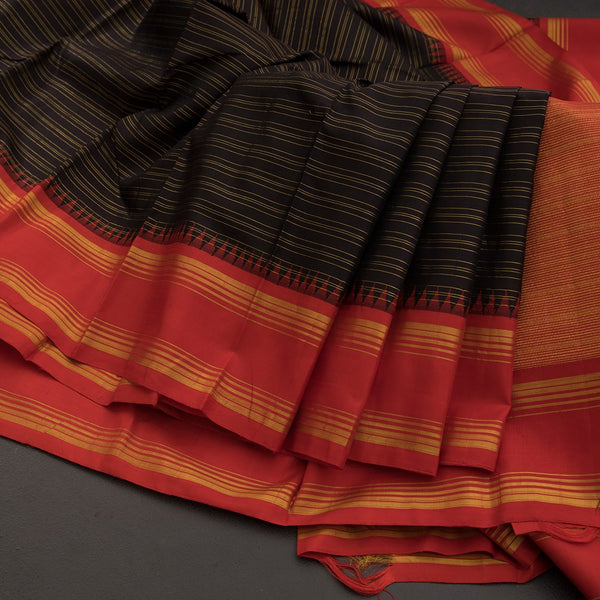 Coffee Brown Horizontally Striped Kanchipuram Silk Saree With Redcontrast Temple Border