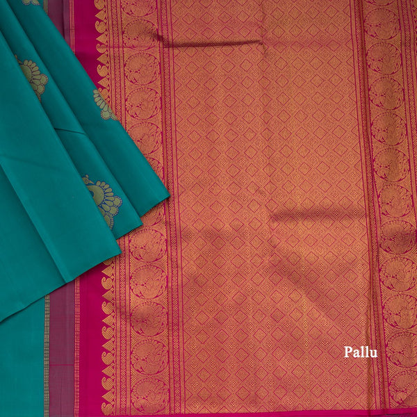 Borderless Turquoise Blue With Peacock Butta On Body With Contrast Pallu