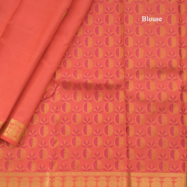 Traditional Peach Kanchipuram Silk Saree With Kalasam Butta On Body And Kalasam Design On Border
