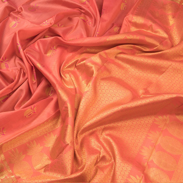 Traditional Peach Kanchipuram Silk Saree With Kalasam Butta On Body And Kalasam Design On Border