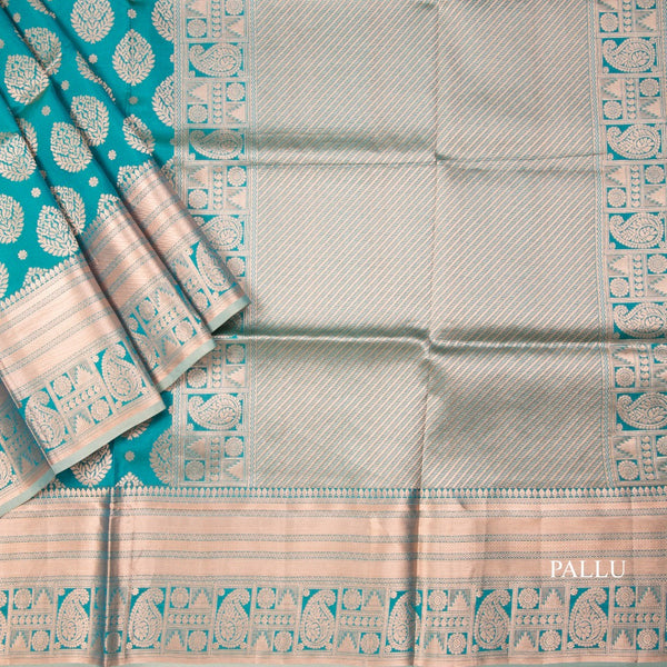 Teal Soft Silk Saree With Beautiful Temple Border