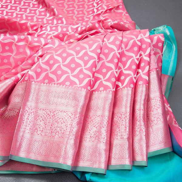 Pink Soft Silk Saree With Windmill Inspired Body Pattern And Kanchi Border