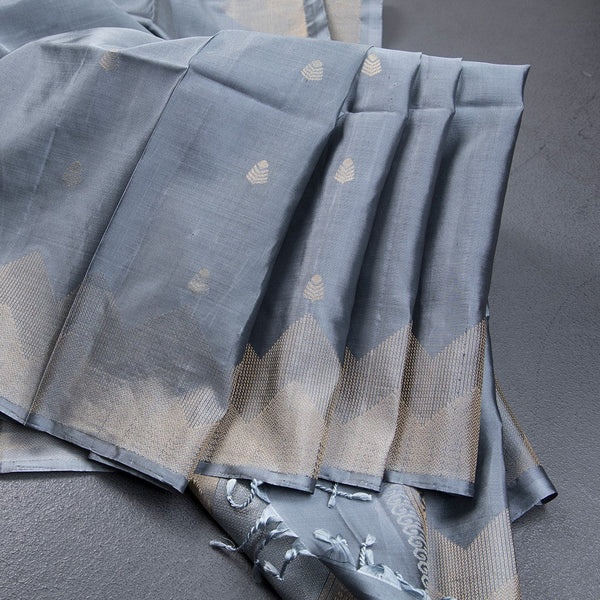 Grey Soft Silk Saree With Tiny Buttis On Body And Stylish Border