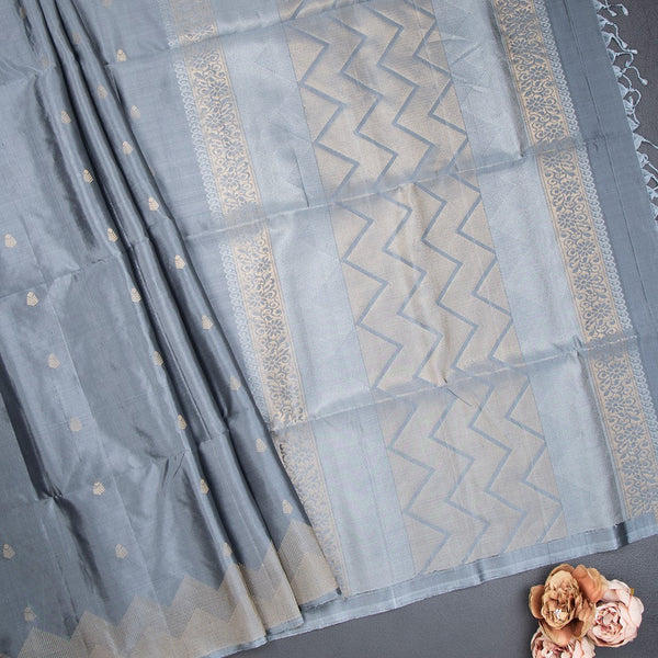 Grey Soft Silk Saree With Tiny Buttis On Body And Stylish Border