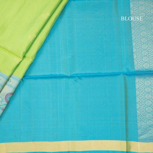 Parrot Green Soft Silk Saree With Tiny Buttis On Body And Paithani Border
