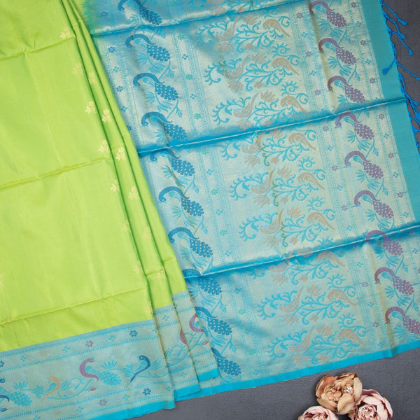 Parrot Green Soft Silk Saree With Tiny Buttis On Body And Paithani Border