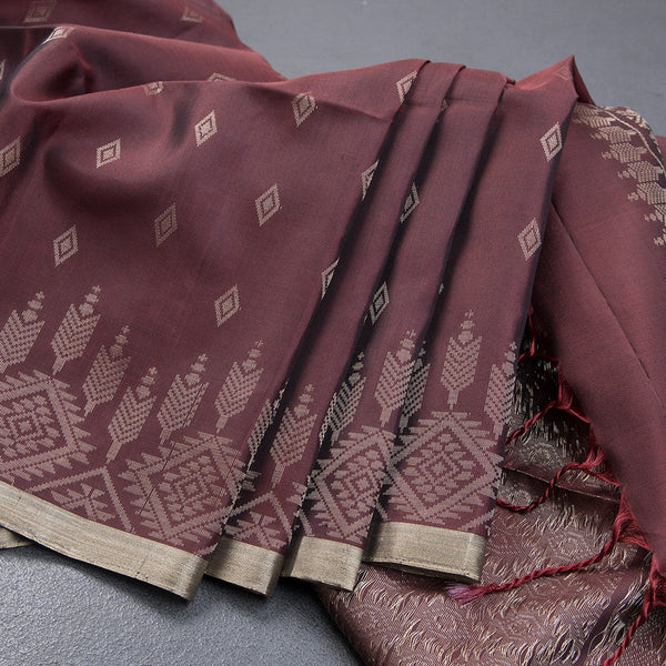 Chocolate Brown Soft Silk Saree With Tiny Buttis On Body And Stylish Border