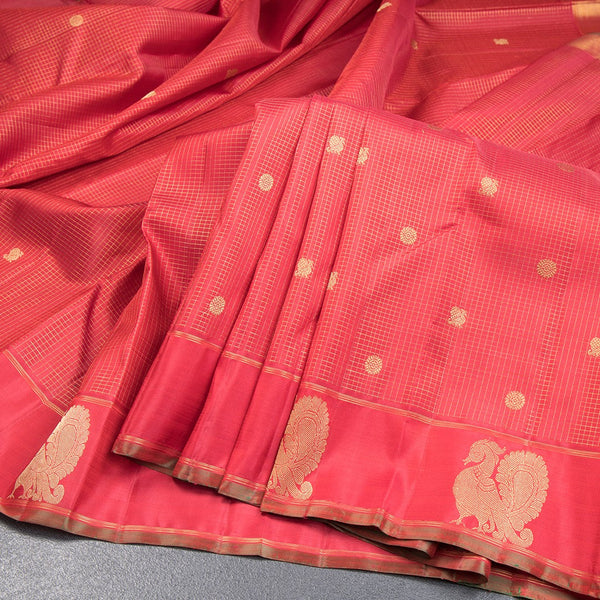 Araku Colour Micro Checked Silk Saree With Peacock And Chakra Buttas And Annam Border