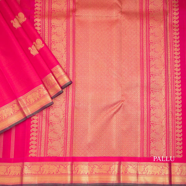 Rani Pink Silk Saree With Peacock And Chakra Buttas And Gold Zari Border