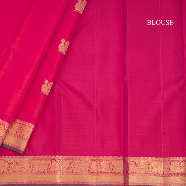 Rani Pink Silk Saree With Peacock And Chakra Buttas And Gold Zari Border