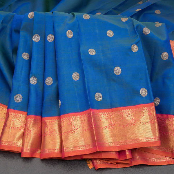 Peacock Blue Silk Saree With Chakra Buttas And Gold Zari Border