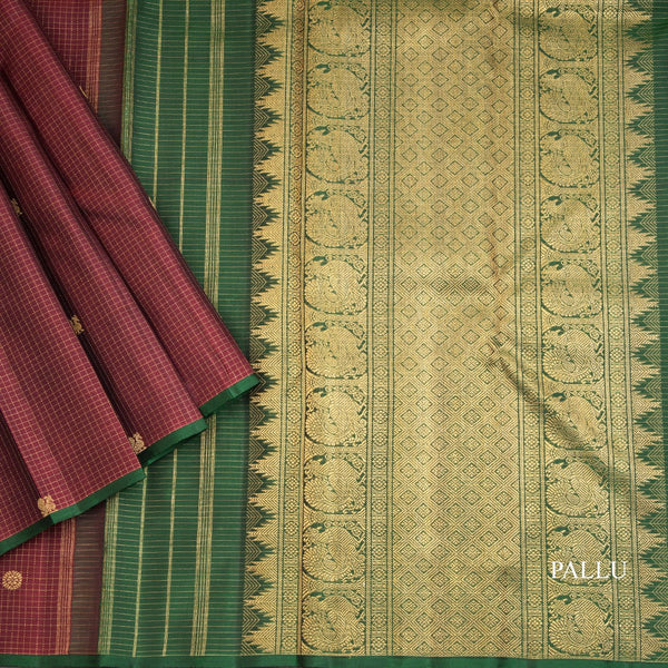 Araku Colour Micro Checked Silk Saree With Peacock And Chakra Buttas And Contrast Pallu