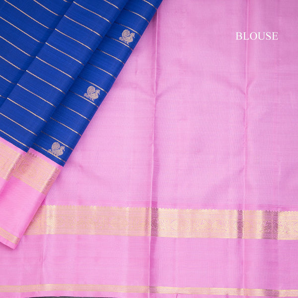 Ink Blue Silk Saree With Zig Zag Design And Peacock And Chakra Buttas And Pink Border