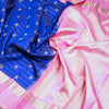 Ink Blue Silk Saree With Zig Zag Design And Peacock And Chakra Buttas And Pink Border