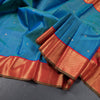 Peacock Blue Silk Saree With Zari stripes With Small Buttas And Red Zari Border