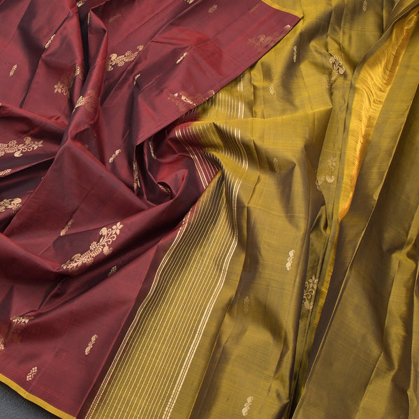Maroon Borderless Silk Saree With Floral Zari Buttas On The Body