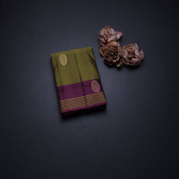 Olive Green Silk Saree With Chakra Buttas And Stripes Border